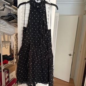 anthropologie black dress with bow NEW ~ BLACK Anthropologie Silky Satin PUFF SLEEVE BOW FRONT Mini Dress ~  Large